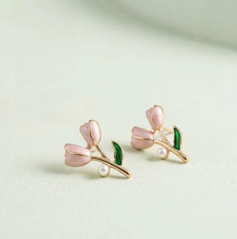 Tulip Flower Pink Enamel Earrings with Pearl Accents - High Quality Fashion Jewelry