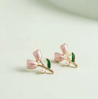 Tulip Flower Pink Enamel Earrings with Pearl Accents - High Quality Fashion Jewelry