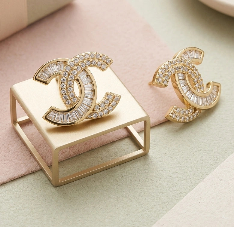 Double C Interlocking Pave Stud Earrings - Premium Gold Crystal Fashion Jewelry