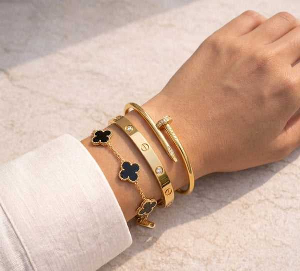 The 'It Girl' Golden Stack | 3-Pc Anti-Tarnish Bracelet Combo (Nail, Clover & Bangle)