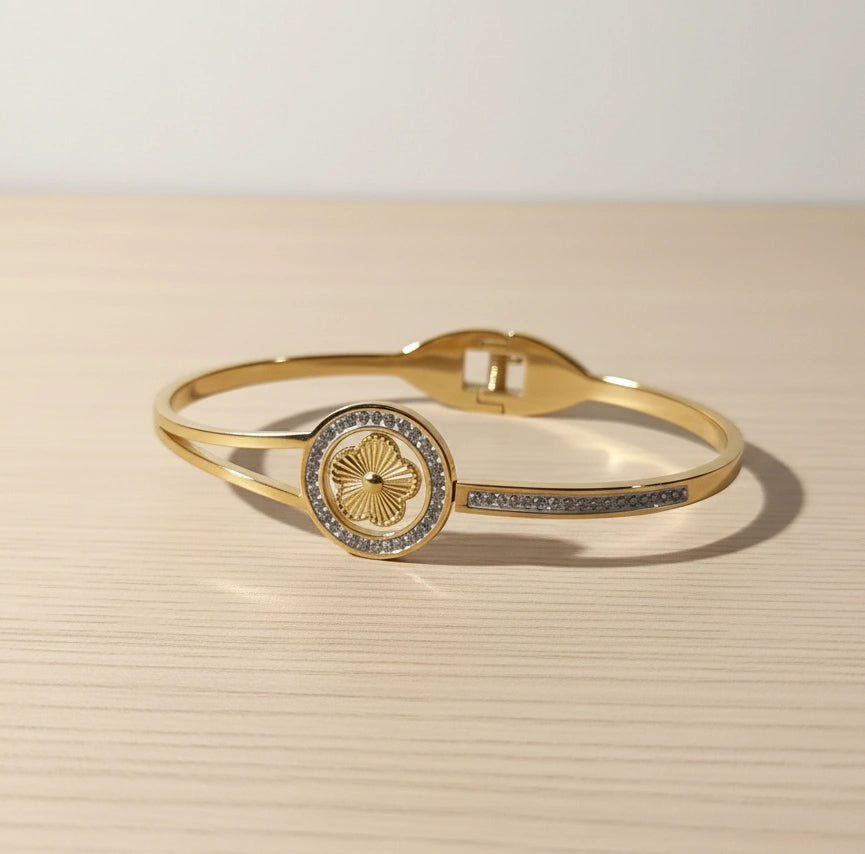Floral Motif Crystal Gold Cuff Bracelet - Premium Designer Wristwear