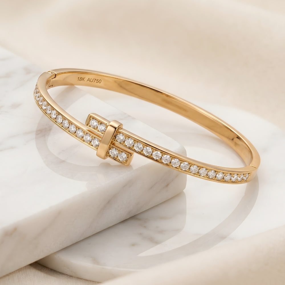 T-Style Crystal Gold Plated Bangle Bracelet - Anti-Tarnish Minimalist Jewelry