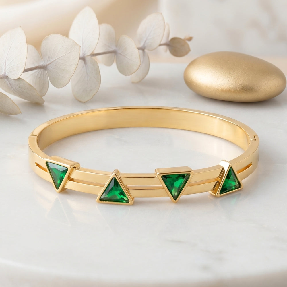Emerald Green Triangle Anti-Tarnish Gold Plated Bracelet - Geometric Korean Jewelry
