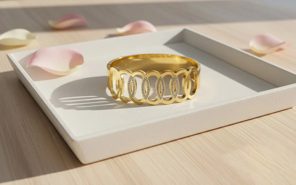 Geometric Oval Link Cuff Bracelet | Anti-Tarnish Gold Plated | Waterproof Korean Jewellery