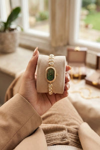Vintage Oval Emerald Watch – Anti-Tarnish Gold Plated Bracelet Watch