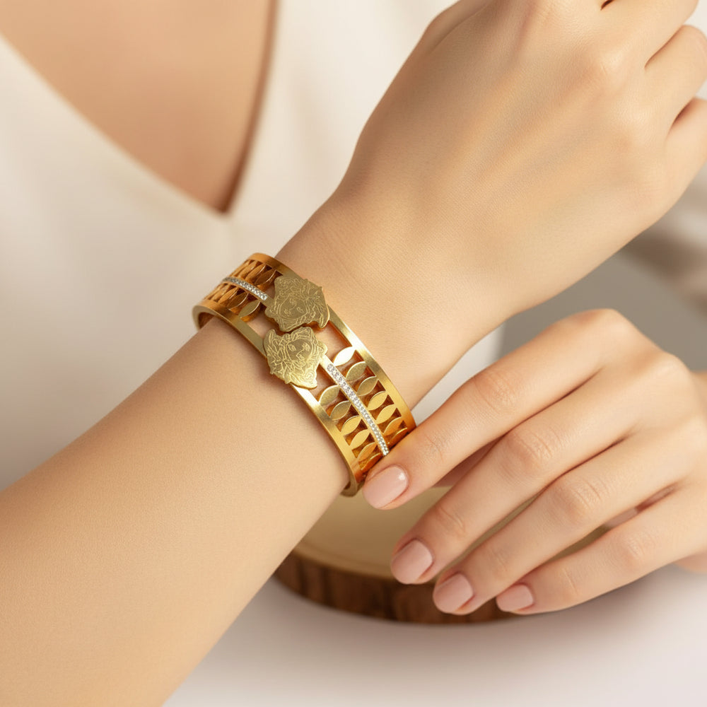 Medusa Motif Leaf Pattern Cuff Bracelet | Anti-Tarnish Gold Plated Crystal Bangle for Women