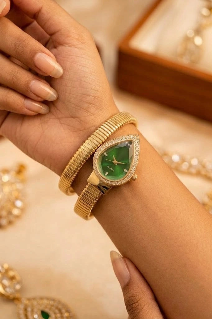 Premium Emerald Teardrop Anti-Tarnish Gold Plated Serpent Wrap Watch
