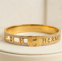 Designer Inspired H-Cutout Studded Anti-Tarnish Gold Plated Bracelet | Moncheri Jewels