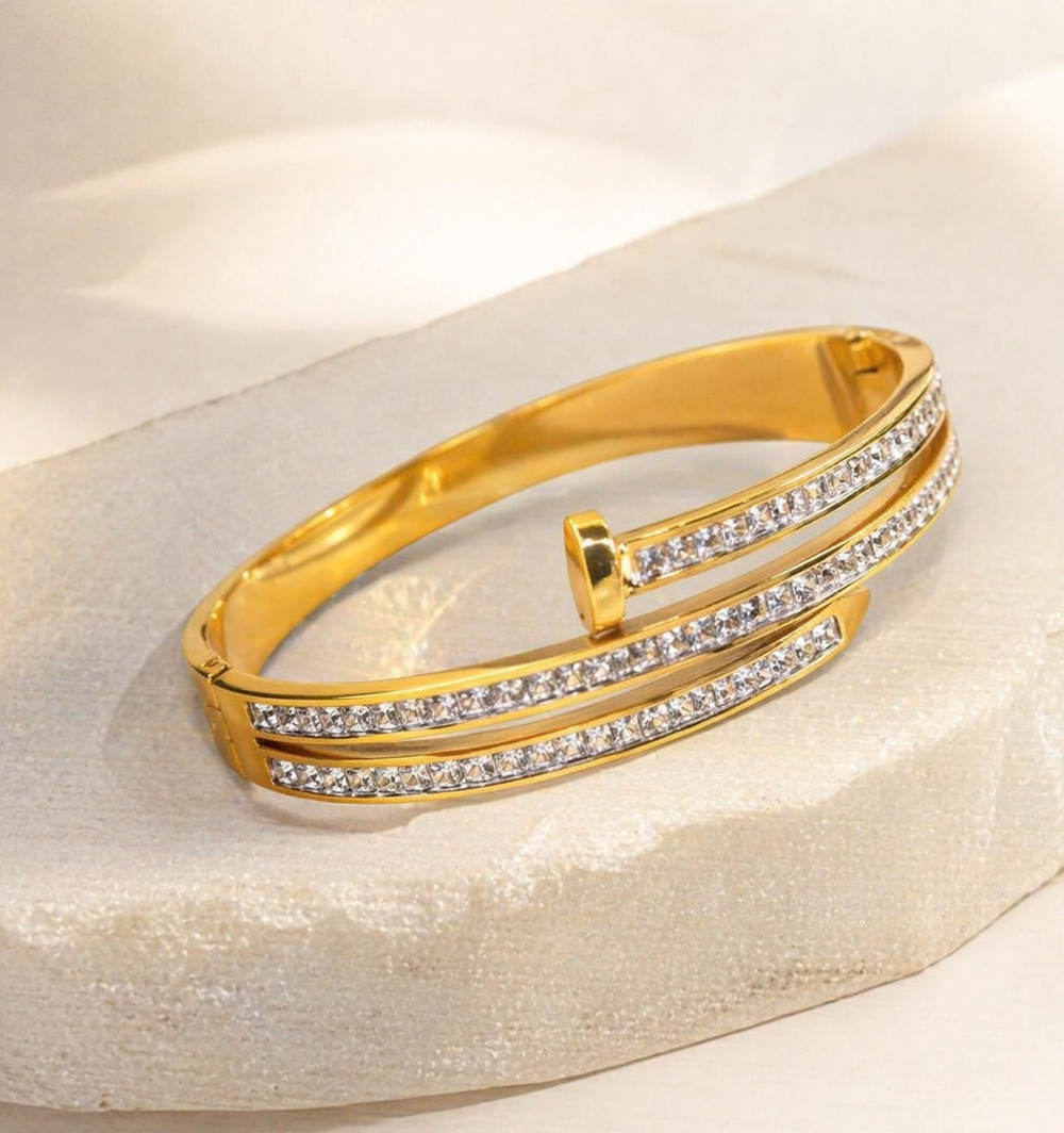 Nail Design Anti-Tarnish Gold Plated Bangle Bracelet for Women - Adjustable Zircon Studded Bracelet