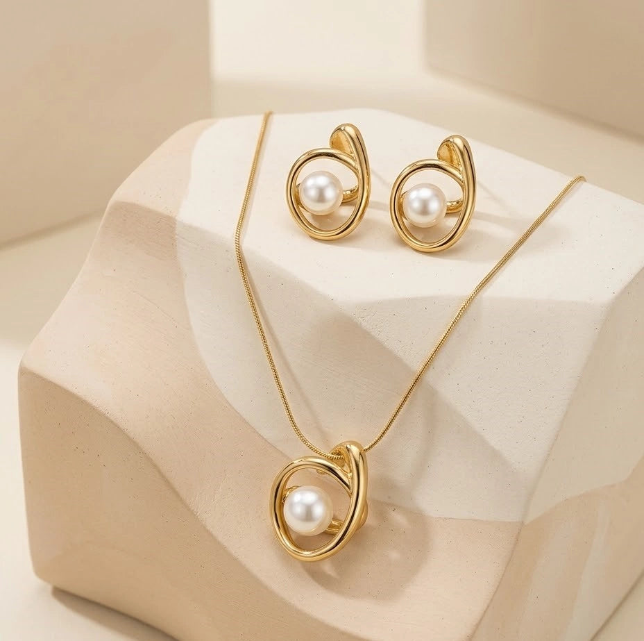 Classic Pearl Swirl Anti-Tarnish Gold-Plated Necklace and earring Set - Minimalist Elegance