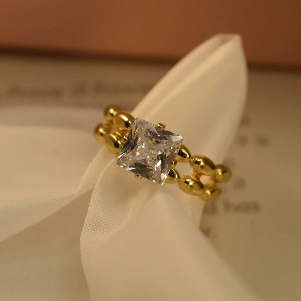 Princess Cut Square Stone Ring with Double Beaded Band | Anti-Tarnish