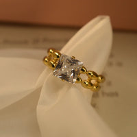Princess Cut Square Stone Ring with Double Beaded Band | Anti-Tarnish