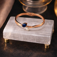 Teardrop Blue Stone & Pearl Anti-Tarnish Cuff Bracelet | Rose Gold Plated Korean Fashion Jewelry