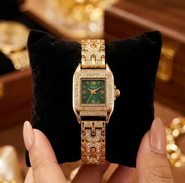 Women's trendy anti-tarnish gold plated watch with green dial