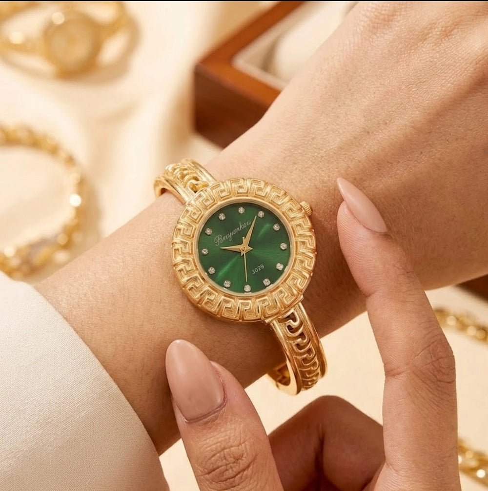 Vintage Emerald Green Dial Bangle Watch | Anti-Tarnish Gold Plated
