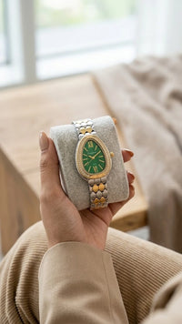 Emerald Serpentine Dial Two-Tone Anti-Tarnish Gold Plated Watch for Women | Moncheri Jewels