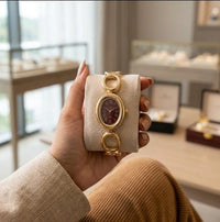 Vintage Oval Maroon Dial Watch | Anti-Tarnish Gold Plated