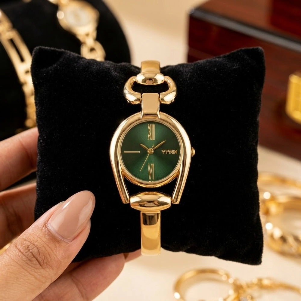 Elegant Green Dial Minimalist Anti-Tarnish Gold Plated Watch for Women