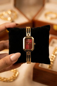 Vintage Maroon Dial Anti-Tarnish Gold Plated Watch for Women