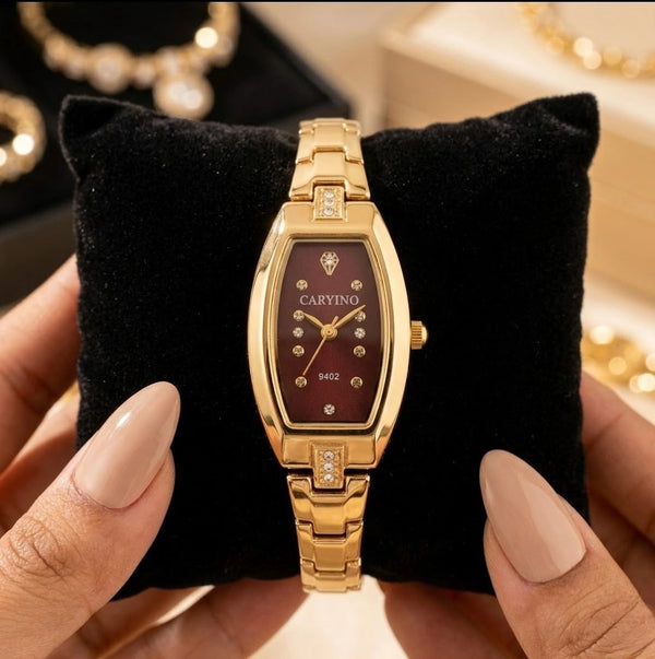 Elegant  women watch with maroon dial and anti-tarnish gold plated finish