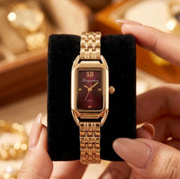 Elegant Maroon Rectangular Dial Women's Watch - Anti-Tarnish Gold Plated Accessory