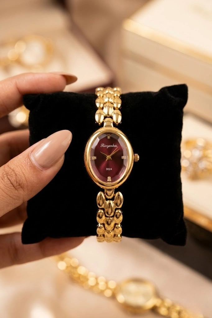Elegant Maroon Oval Dial Anti-Tarnish Gold Plated Watch for Women