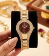 Luxury Maroon Teardrop Dial Rhinestone Watch | Anti-Tarnish Gold Plated