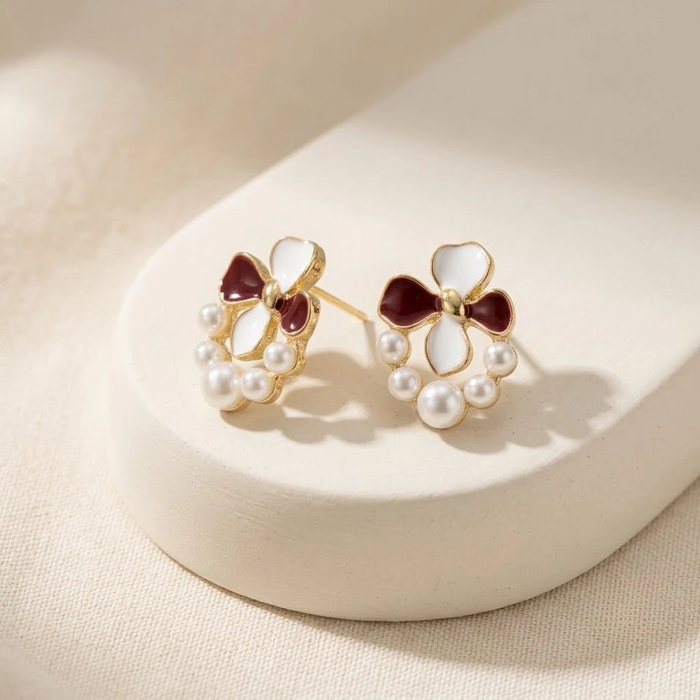 Vintage Floral Pearl Stud Earrings | Maroon & White Enamel Coquette Jewelry