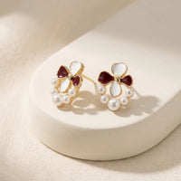Vintage Floral Pearl Stud Earrings | Maroon & White Enamel Coquette Jewelry