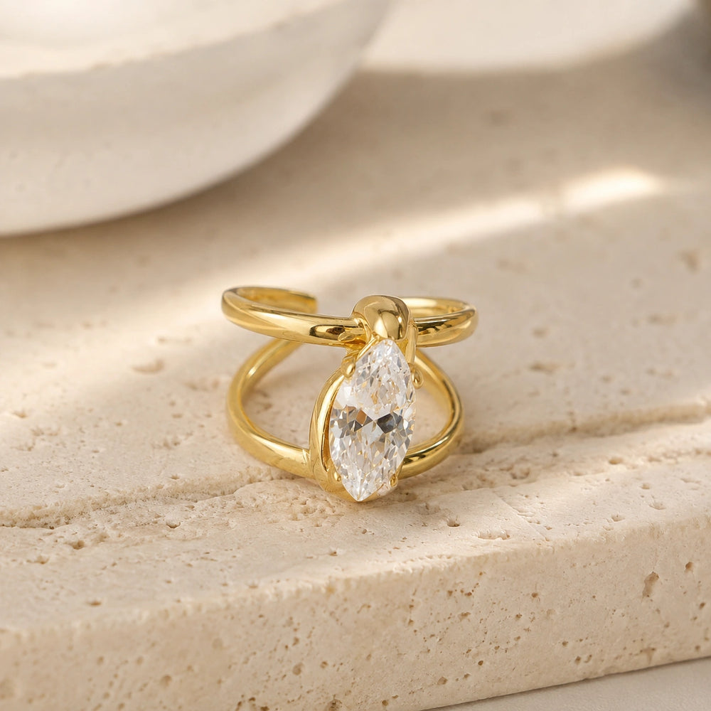 Marquise Cut Crystal Double Band Ring - Anti Tarnish Gold Plated