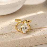Marquise Cut Crystal Double Band Ring - Anti Tarnish Gold Plated