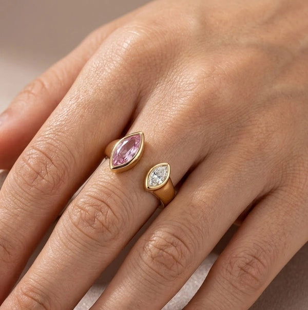Marquise pink and white stone toi et moi fashion ring close up