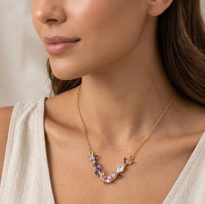 Tulip Floral Vine Crystal Necklace & Bracelet Set | Pink & Purple Stones | Anti-Tarnish
