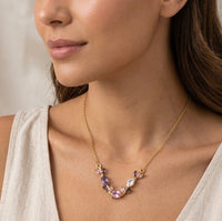 Tulip Floral Vine Crystal Necklace & Bracelet Set | Pink & Purple Stones | Anti-Tarnish