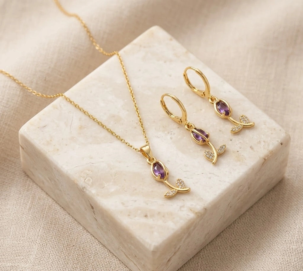 Purple Crystal Floral Drop Jewelry Set - Anti Tarnish Gold Plated Necklace & Earrings-Tulip