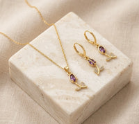 Purple Crystal Floral Drop Jewelry Set - Anti Tarnish Gold Plated Necklace & Earrings-Tulip