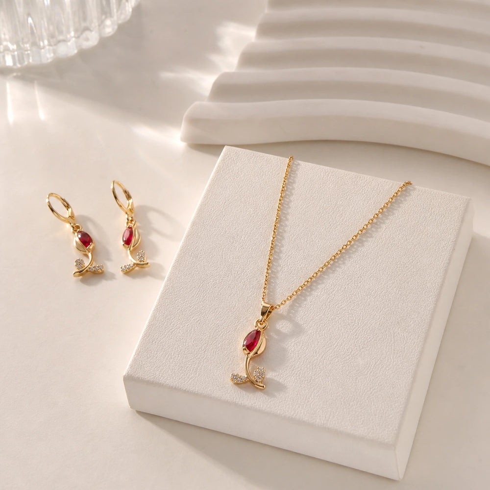 Red Tulip Necklace and Earring Set - Anti-Tarnish Floral Jewelry Combo