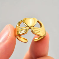 Hugging Hands Heart Gold Plated Ring – Anti-Tarnish & Adjustable Korean Style Band