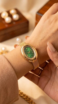 Vintage Emerald Green Oval Dial Anti-Tarnish Gold Plated Watch