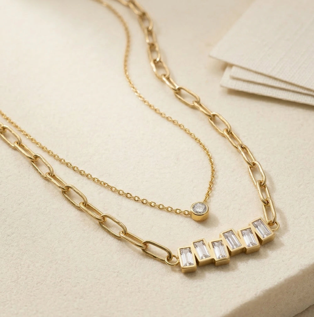 Layered Baguette & Solitaire Paperclip Necklace - Anti Tarnish