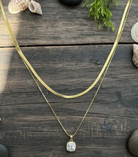Double Layer Snake Chain & Square Crystal Pendant Necklace - Anti-Tarnish Gold Plated