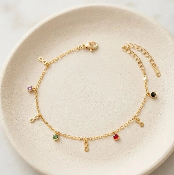 Infinity Charm & Multi-Color Stone Bracelet - Anti-Tarnish Gold Plated