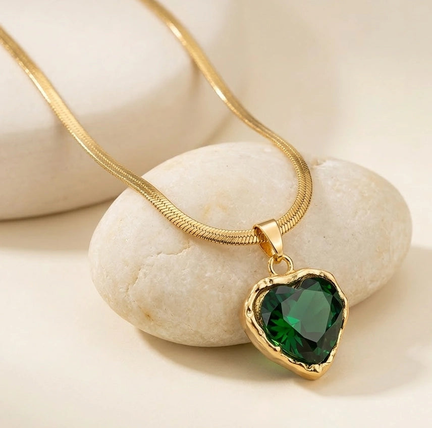 Emerald Green Heart Pendant Necklace | Anti-Tarnish Gold Plated