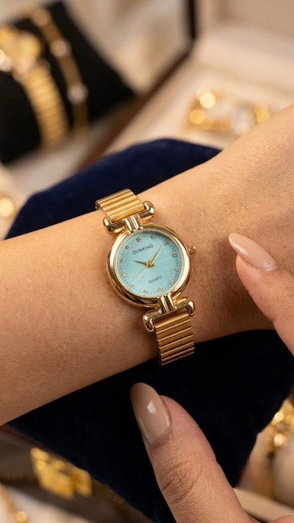 Dunking Anti-Tarnish Gold Plated Watch with Textured Blue Dial