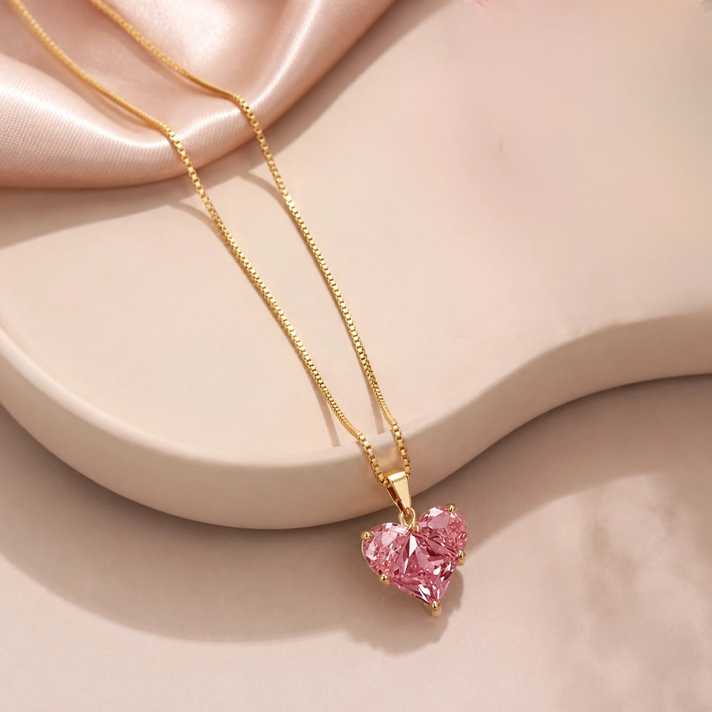 Pink Heart Crystal Pendant Necklace | Anti-Tarnish Gold Plated