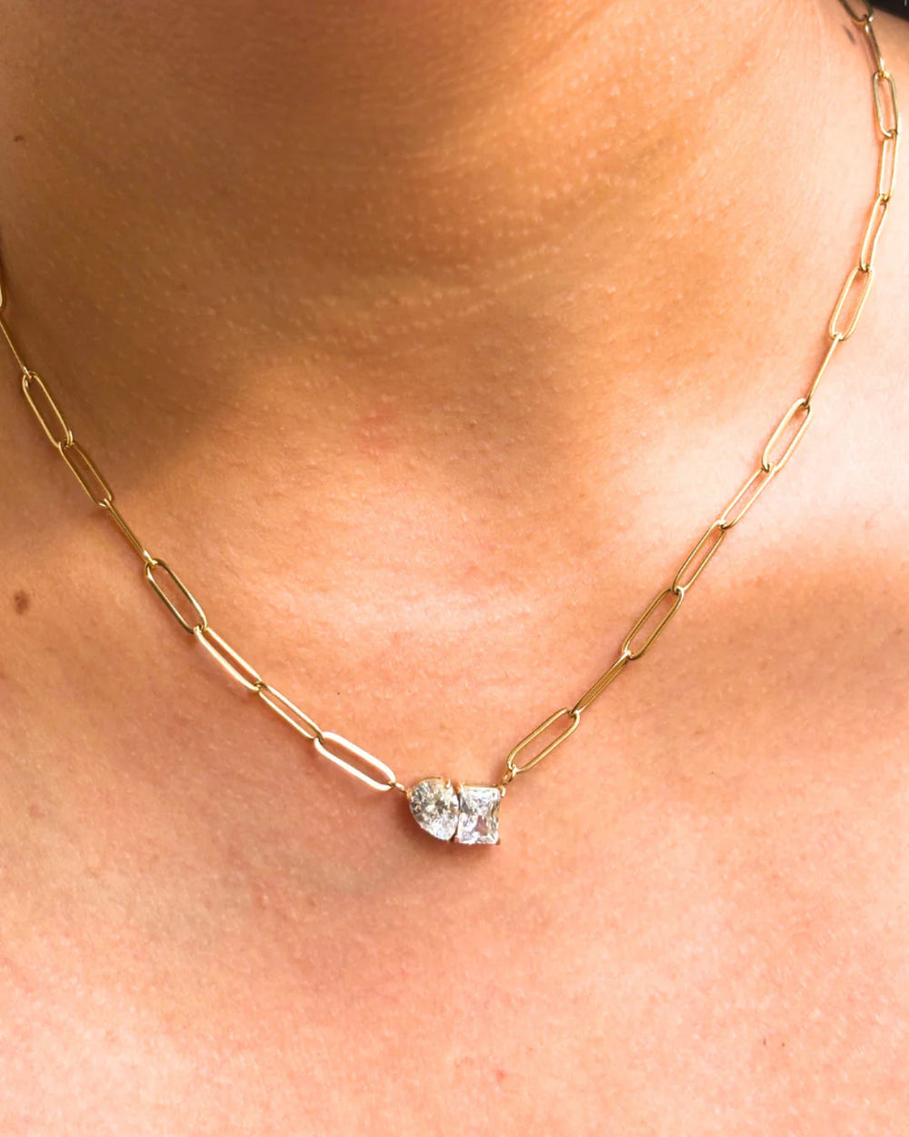 Anti-Tarnish Gold Plated Paperclip Necklace | Two-Stone CZ Pendant