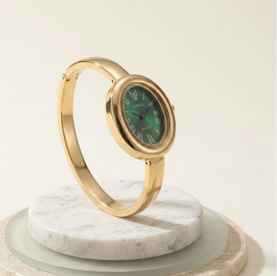 Vintage Emerald Green Dial Bangle Watch | Anti-Tarnish Gold Plated | Moncheri Jewels