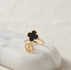 Black Double Clover Adjustable Ring - Anti Tarnish Gold Plated