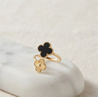 Black Double Clover Adjustable Ring - Anti Tarnish Gold Plated