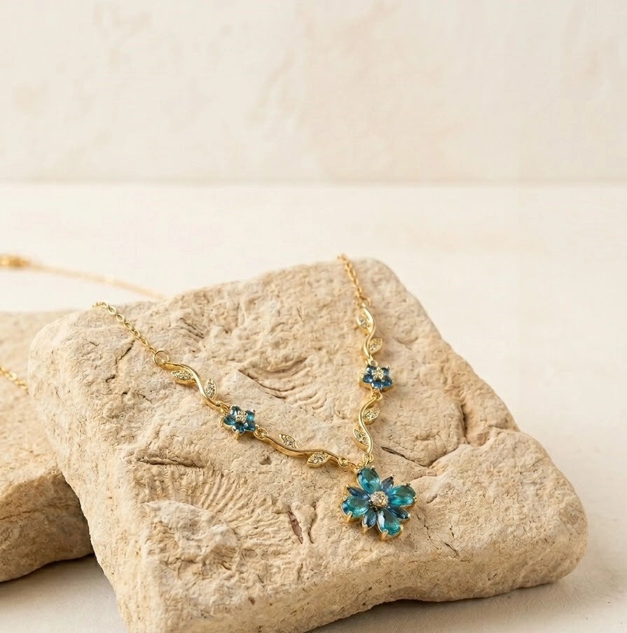 Blue Crystal Floral Vine Anti Tarnish Gold Plated Necklace-Tulip